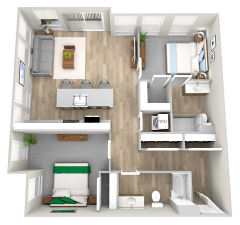 Floor plan for 2 beds, 2 baths, 1057 sqft